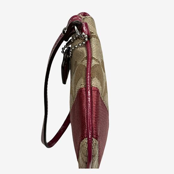 Coach Signature Canvas Wristlet Burgundy Patent Trim Small Pouch Bag - Picture 11 of 14